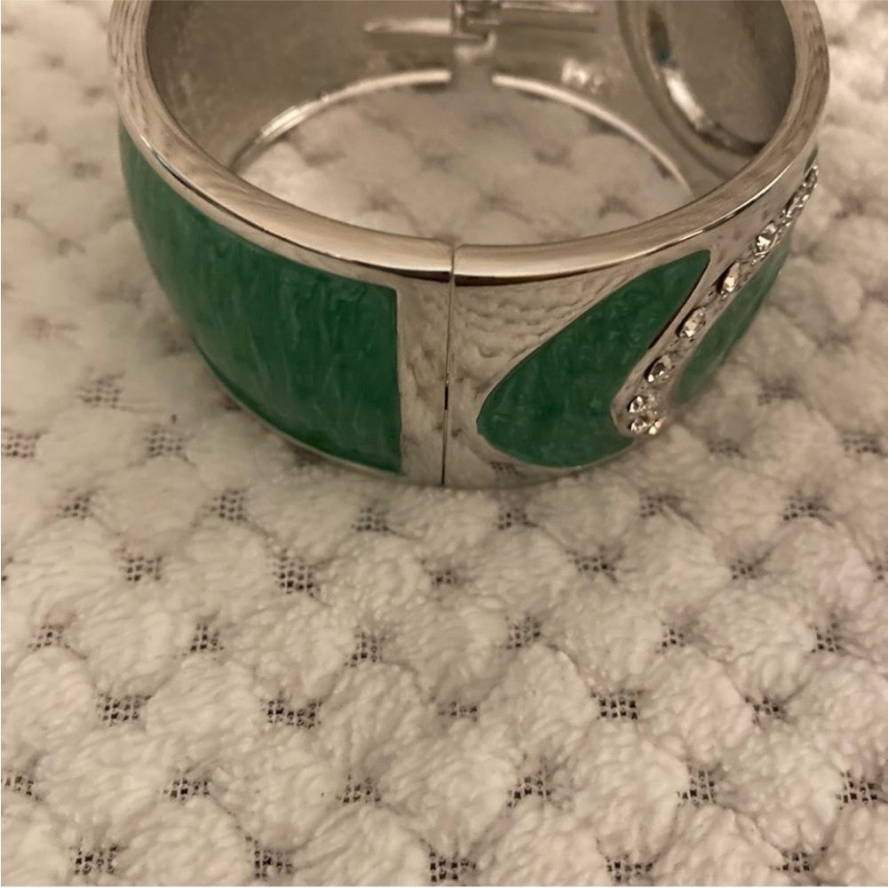 Silvertone Green Enameled Bangle Bracelet with White Austrian Crystals - Picture 9 of 12